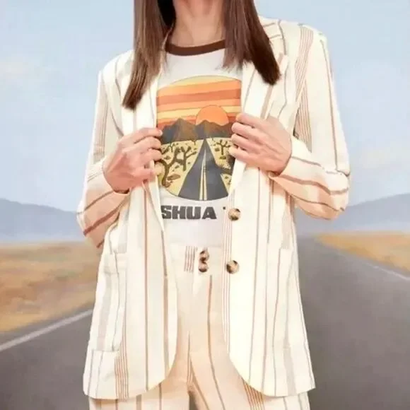 ModCloth Opportunity Linen/Viscose Blazer Cream Striped Front Pockets Light 1X - Picture 2 of 11